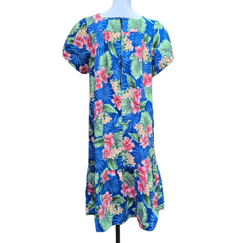 Hilo Hattie Hawaiian Muumuu Dress Blue Floral Hibiscus Cotton XL Petal Sleeve - Picture 4 of 9